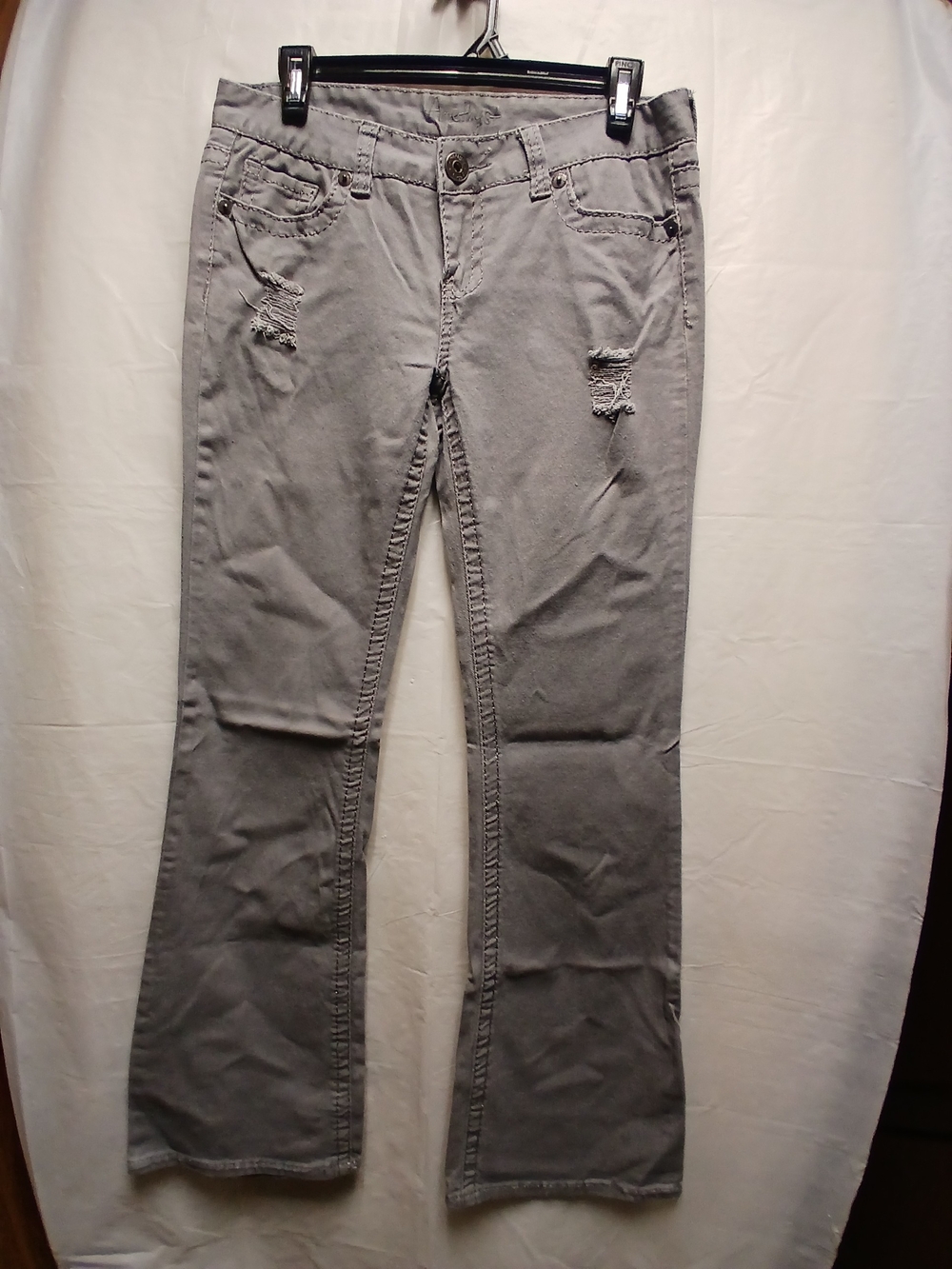 Amethyst Light Gray Flare Jeans with Distressed Detail